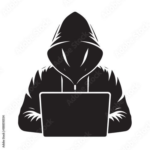 Anonymous Hacker Using Laptop Silhouette Illustration