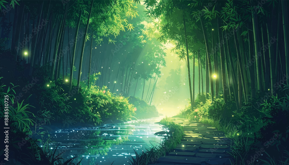 Obraz premium Mystic bamboo tunnel opening toward glowing forest light. Fantasy woodland passage featuring serene flowing water. Enchanted green corridor with luminous tranquil atmosphere