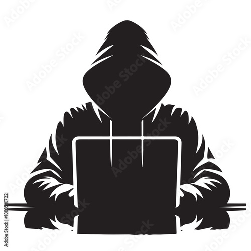 Anonymous Hacker Using Laptop Silhouette Illustration
