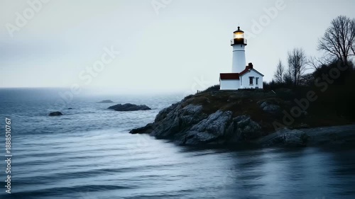 Wallpaper Mural Lighthouse at Dusk: A solitary lighthouse stands tall on a rugged cliff, its beacon cutting through the twilight over a vast, serene ocean. Torontodigital.ca