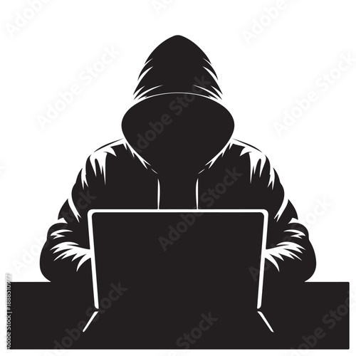Anonymous Hacker Using Laptop Silhouette Illustration