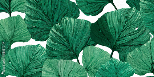 A vibrant and detailed pattern of green tropical leaves against a white background, perfect for design and decor.