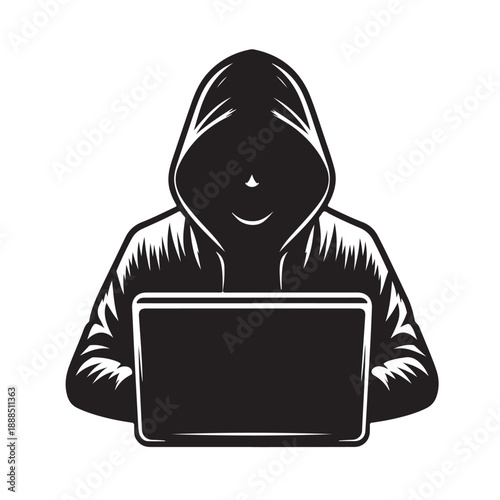Anonymous Hacker Using Laptop Silhouette Illustration