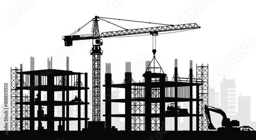 A stark black silhouette depicts a construction site with a towering crane and building frameworks emphasizing urban development silhouette high quality