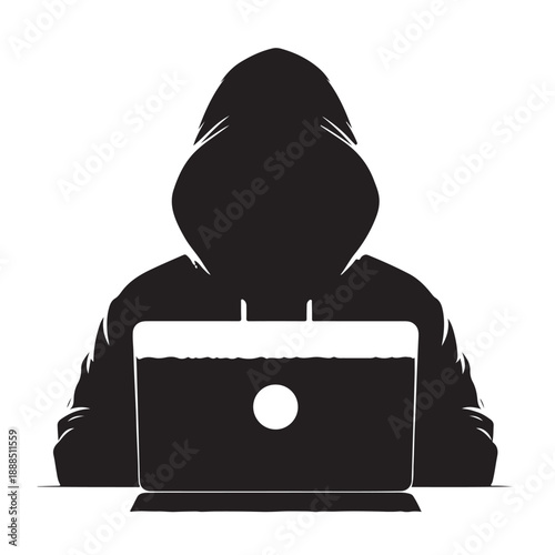 Anonymous Hacker Using Laptop Silhouette Illustration