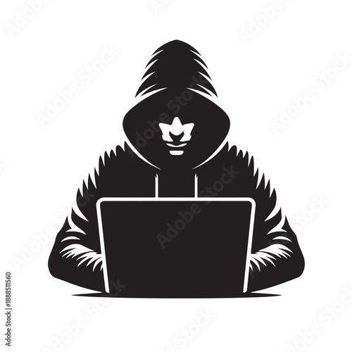 Anonymous Hacker Using Laptop Silhouette Illustration