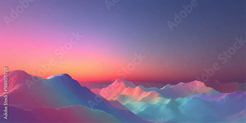 A breathtaking sunrise over a range of snow-capped mountains, with clouds and a vibrant purple sky.