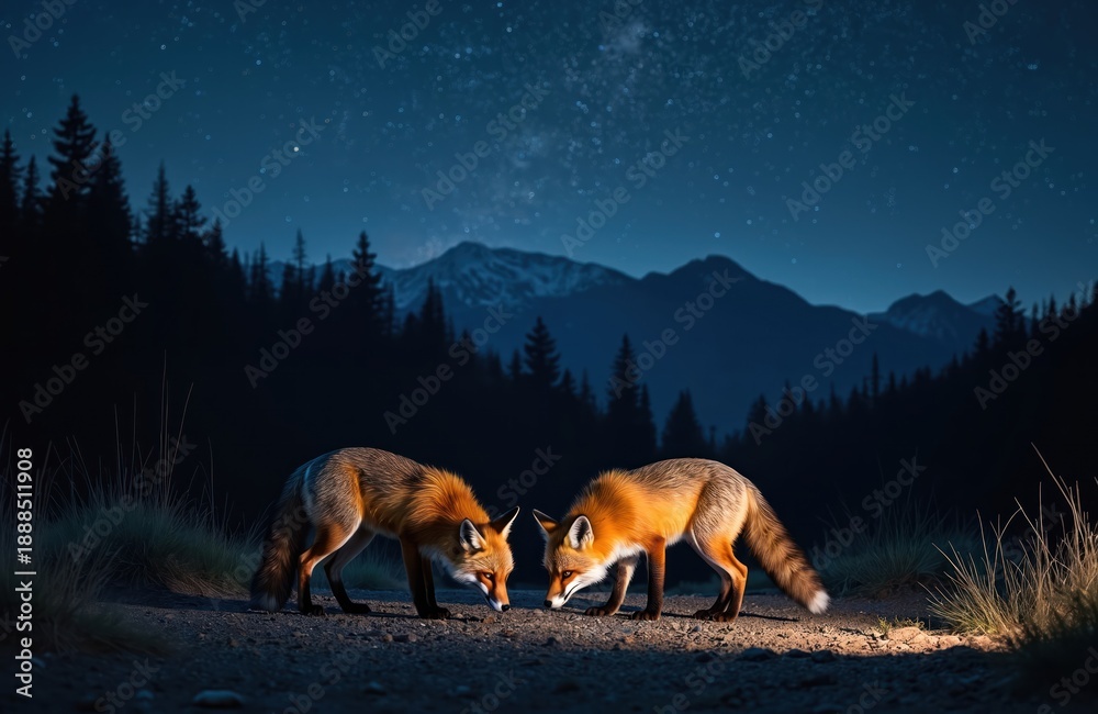 Fototapeta premium Two foxes interact on a dirt path at night. A dark forest and mountains form the background under a starry sky. One fox looks towards the viewer while the other sniffs the ground.