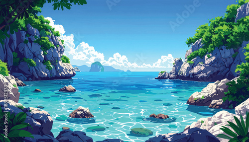 Minimal tropical coastline with calm sea and scattered rocks. Peaceful island shore illustration under wide blue sky. Clean ocean landscape showing tranquil coastal simplicity