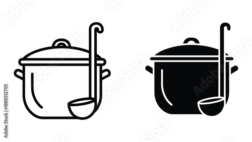 Simple line art illustration of cooking pot with ladle