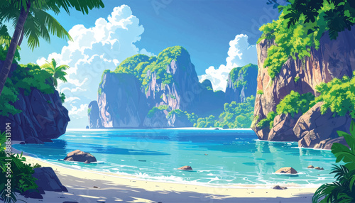 Bright tropical bay with crystal water and lush cliff scenery. Sunny island lagoon surrounded by vibrant greenery formations. Clear coastal paradise illustration showing peaceful ocean view