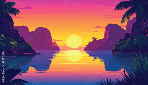 Sunset tropical canyon glowing between palms and reflections. Vivid coastal gorge illuminated by warm evening atmosphere. Exotic nature illustration featuring radiant water symmetry