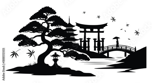 A serene japanese landscape featuring a pagoda bridge and pine tree all depicted in black silhouette high quality professional detailed modern