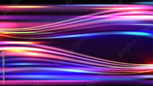Abstract neon light trails with dynamic magenta and blue glowing lines on dark background representing high speed technology