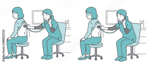 スクラブを着用した女性医療従事者による女性の背中の聴診イラストセット（正常・異常/体調不良）