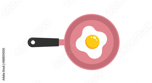 A simple illustration depicts a pink frying pan containing a fried egg showcasing a flat design silhouette high quality professional detailed