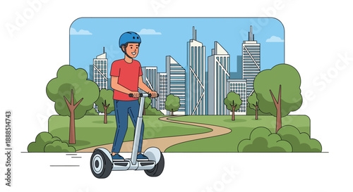 A young man rides a scooter through a park with a cityscape backdrop depicted in a flat silhouette high quality professional