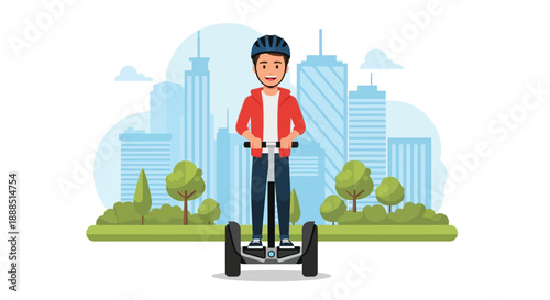 A young man rides a self balancing scooter in front of a city skyline depicted in a flat vector silhouette high quality
