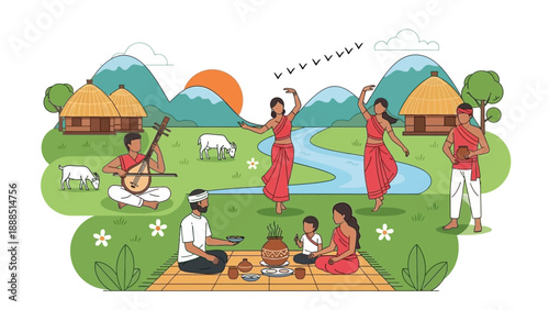 People enjoying traditional festival near serene village landscape with river.