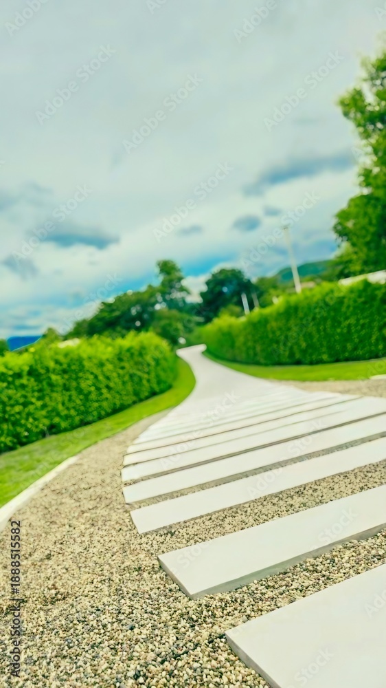 Fototapeta premium Curved modern garden path with white concrete stepping stones on gravel, surrounded by green hedges and soft landscape.