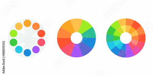 Three color wheels displaying a spectrum of vibrant hues in circular arrangements