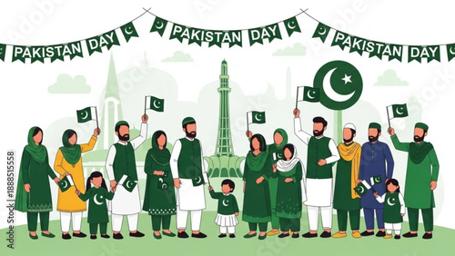 Pakistani People Celebrating Independence Day with Flags and Banners