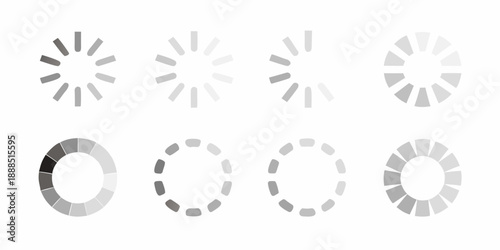 Progress indicators a set of six grayscale loading or buffering symbols