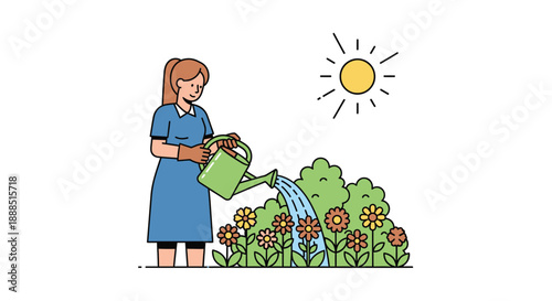 A young woman cheerfully waters a vibrant garden filled with colorful flowers under a bright sun silhouette high quality professional detailed