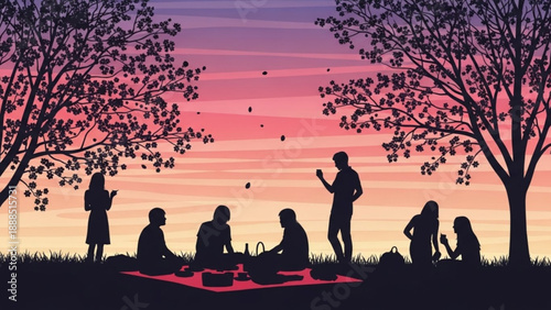Group of Friends Having Picnic under Trees at Sunset