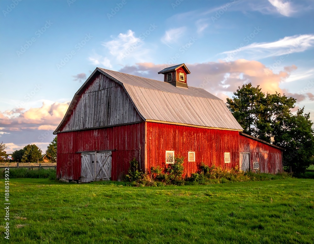 Obraz premium A red barn with a cupola in a green field