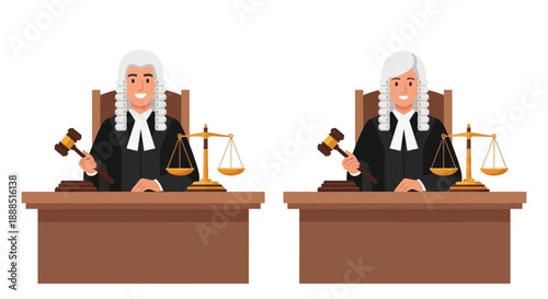 Two cartoon depictions of judges with gavels and scales of justice showcasing a distinct silhouette high quality professional detailed modern elegant