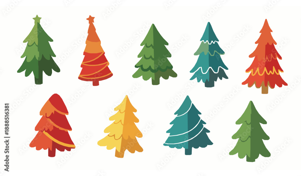Obraz premium Modern colorful Christmas tree vector set with stylized flat cartoon holiday design