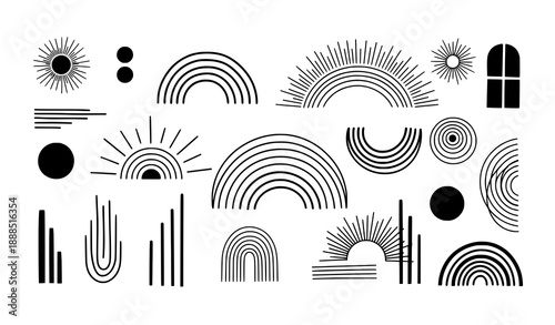 Abstract bohemian line art emblems with sun arc and window symbols in artistic geometric vector style
