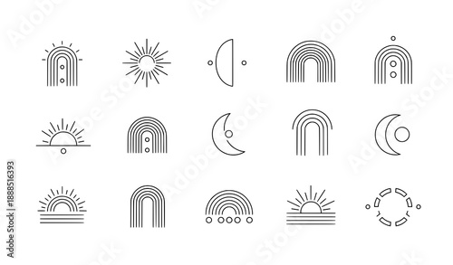 Elegant bohemian sacred geometry line symbols with sun and arched window elements vector set