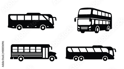 Four black bus icons displayed on a white background silhouette