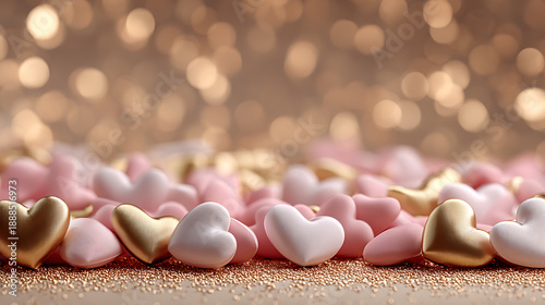  Macro shot of pile of pink and gold heart shaped decorations showing fine texture and glittering background for romantic holiday greeting card design

