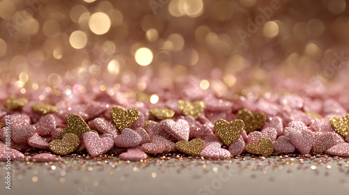  Glitter texture pink and gold hearts flat lay background with dreamy light effect for Valentine's Day wallpaper and expression of love concept