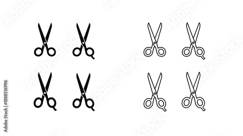 Arrangement of scissors in a grid pattern black outline silhouette