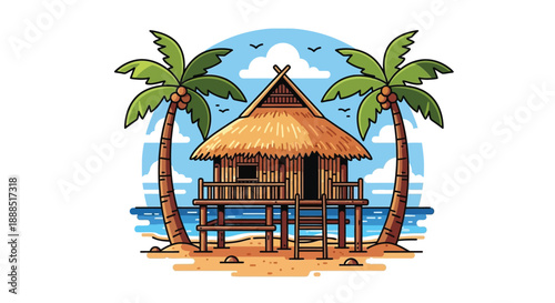 A charming tropical hut rests on stilts near a sandy beach framed by lush palm trees a vibrant silhouette