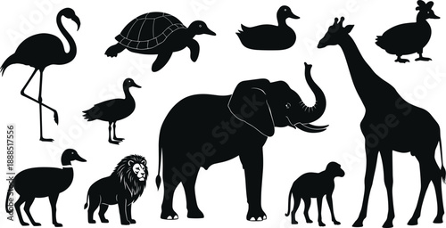 Canvas Print Animal silhouettes, flamingo, turtle, duck, chicken, giraffe, elephant, monkey,