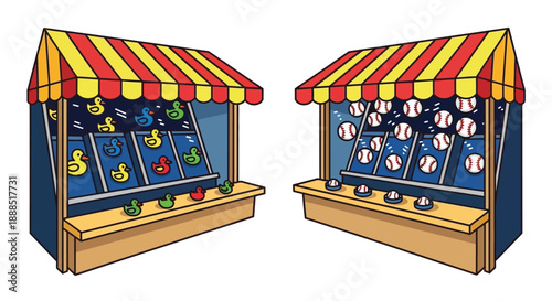 Colorful carnival game booths display rows of baseballs and prizes creating a playful atmosphere silhouette high quality professional detailed modern