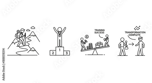 Business concepts illustrated with simple line drawings.
