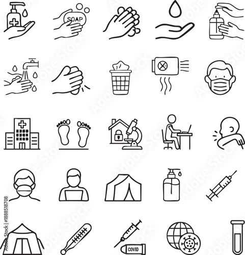 Hygiene and health icons for virus prevention and medical care