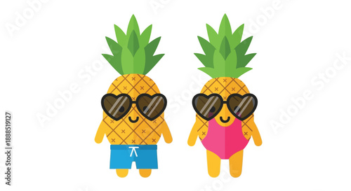 Two cartoon pineapples wearing sunglasses and swimwear pose playfully showcasing a vibrant and tropical aesthetic silhouette high quality professional detailed modern