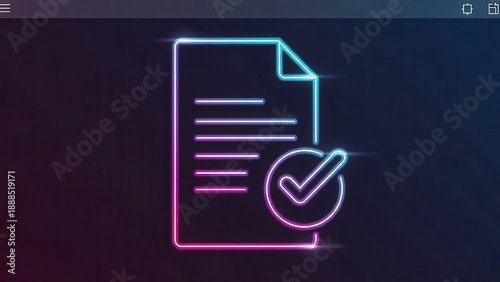 Neon Glowing Document with Checkmark Icon Representing Digital Completion or Approval Status
