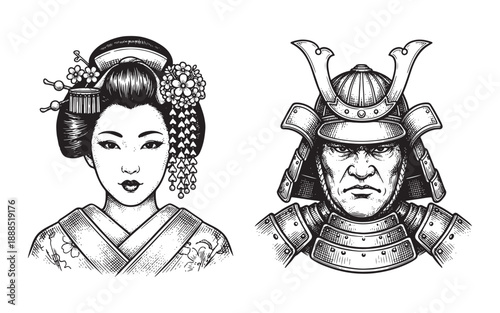 Geisha and Samurai Skeleton Skull Tattoo Design