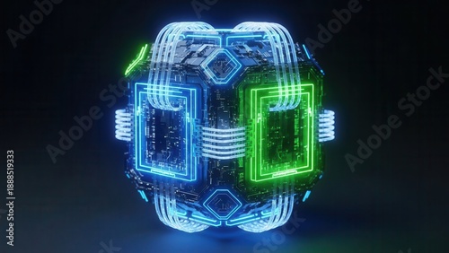 Futuristic digital core sphere with glowing circuits and intricate wiring representing advanced