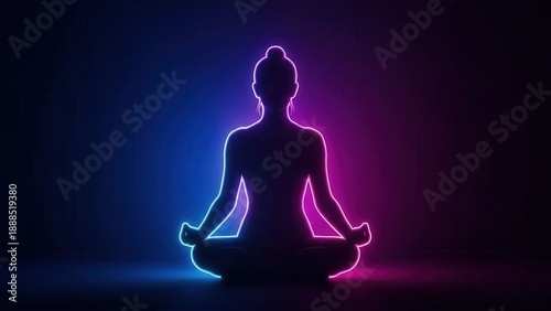 Digital zen meditation with vibrant neon aura silhouette in peaceful lotus position