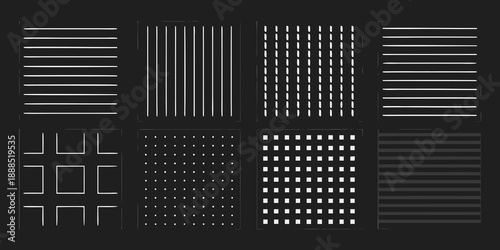 Abstract geometric pattern of white lines and dots on a black background