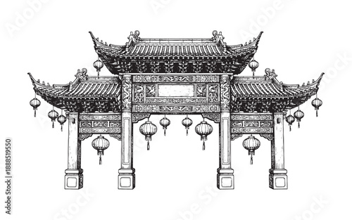 Traditional Chinese Gate Archway Illustration